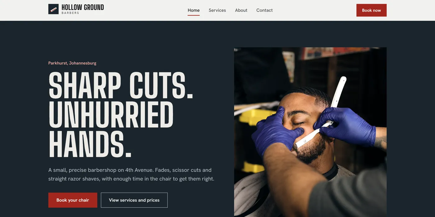 The Mo Barbers concept home page, set up as an invented shop called Hollow Ground Barbers, with the headline sharp cuts, unhurried hands, a book your chair button and a photograph of a straight razor shave