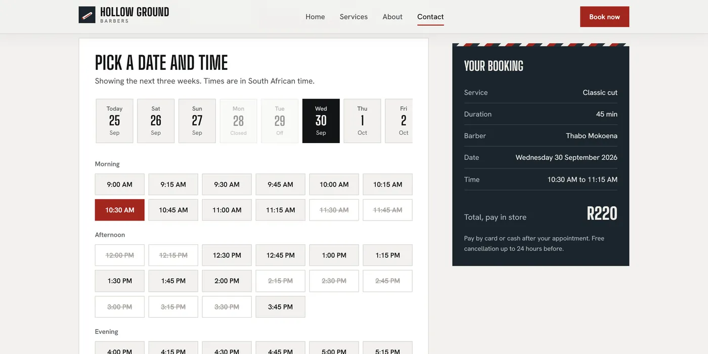 The Mo Barbers concept booking step, a row of dates with closed days greyed out, morning and afternoon times with taken slots struck through, and a summary for a classic cut with Thabo at 10:30 AM
