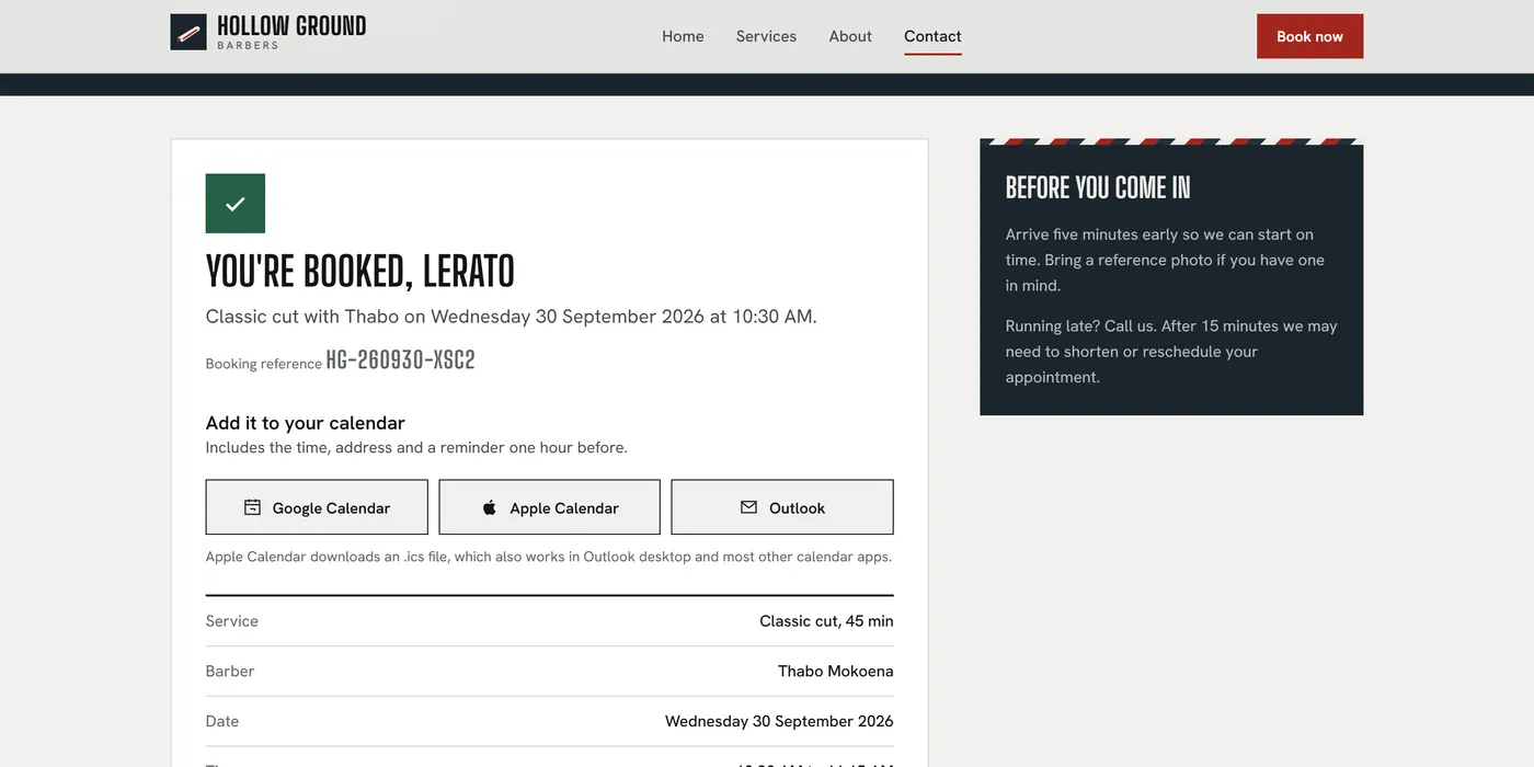 The Mo Barbers concept confirmation, with a booking reference and buttons to add the appointment to Google Calendar, Apple Calendar or Outlook