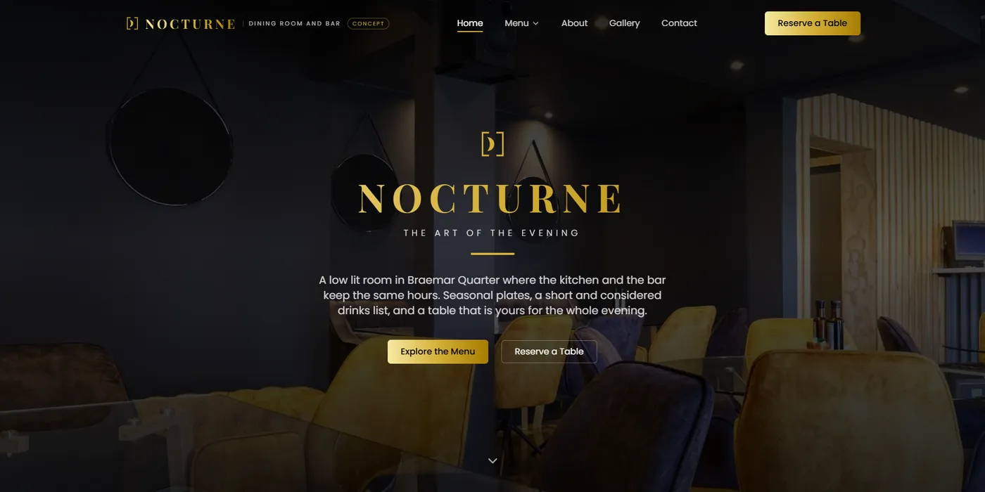 The Nocturne concept home page, a low lit dining room behind the venue name and a reserve a table button