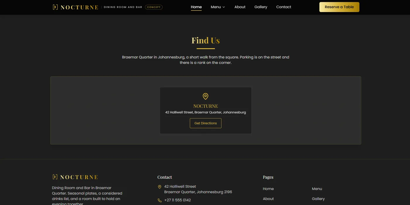 The Nocturne concept find us page, with the address card, a get directions button and the footer contact details