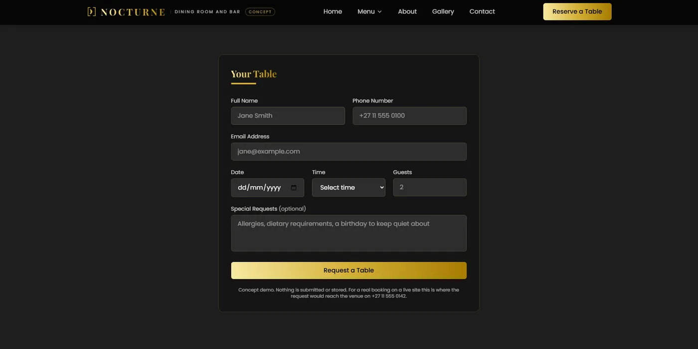The Nocturne concept reservation form, with fields for name, phone, email, date, time, guests and special requests