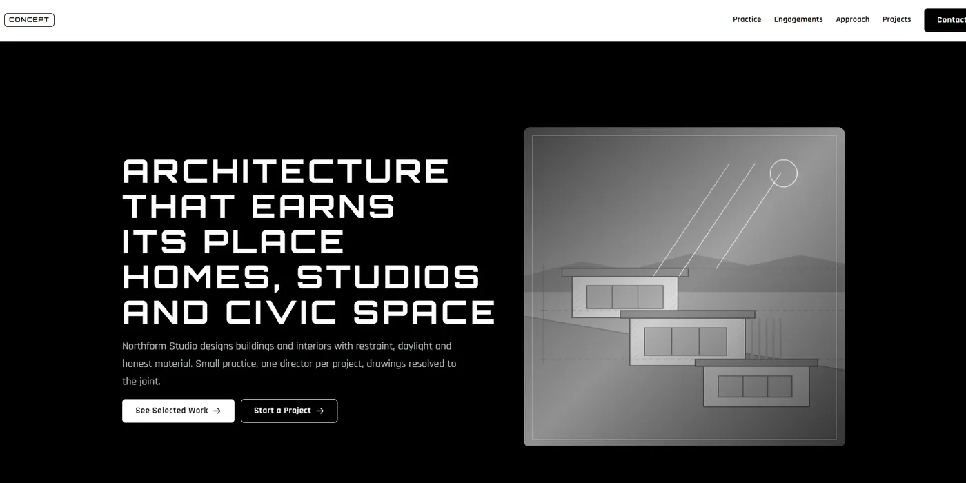 The Northform Studio concept home page, a heavy white headline on black beside a line drawing of a stepped house