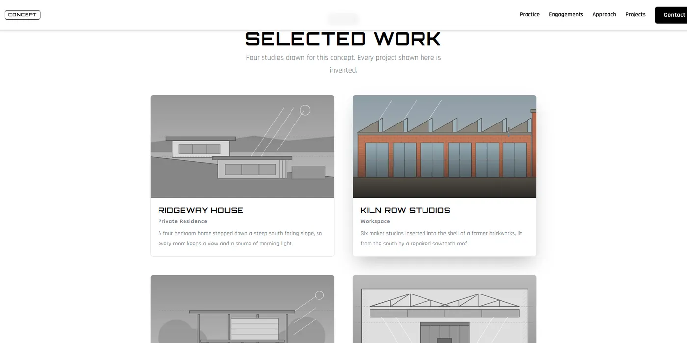 The Northform Studio concept selected work page, a grid of invented studies including a private residence and a workspace