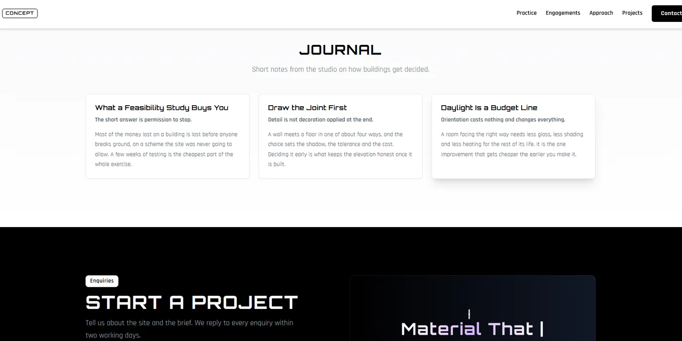 The Northform Studio concept journal notes above the start a project enquiry section