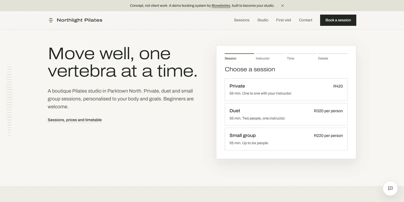The Northlight Pilates concept home page, a concept notice across the top, the headline move well, one vertebra at a time, and a booking panel offering private, duet and small group sessions