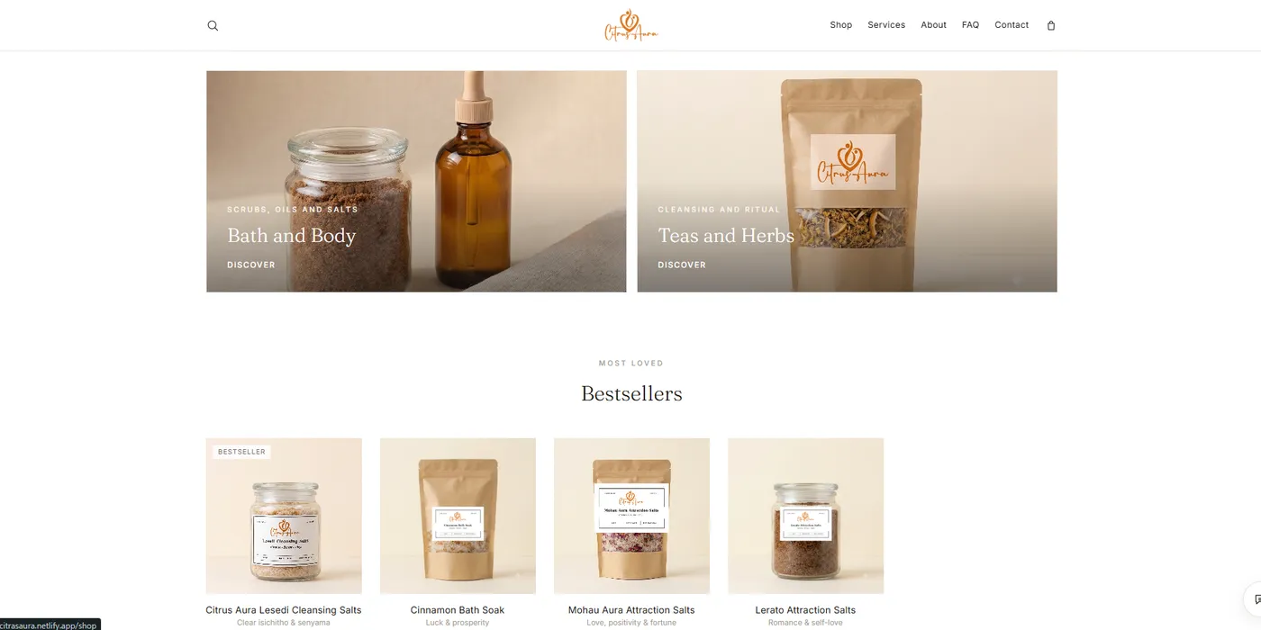 The Citrus Aura home page, with category banners for Bath and Body and Teas and Herbs above a row of bestselling products