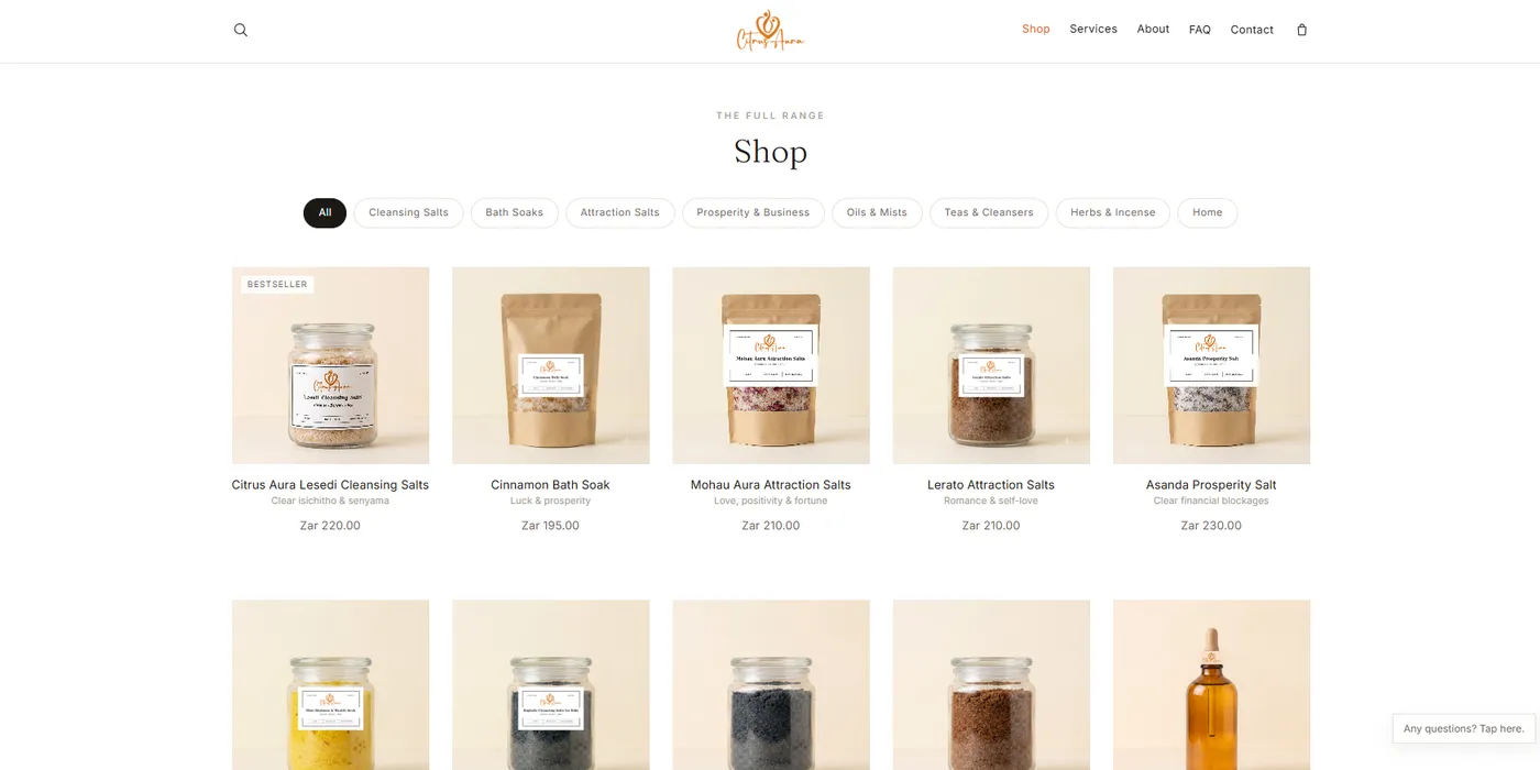 The Citrus Aura shop page, filtering the catalogue by range with prices shown in Rands
