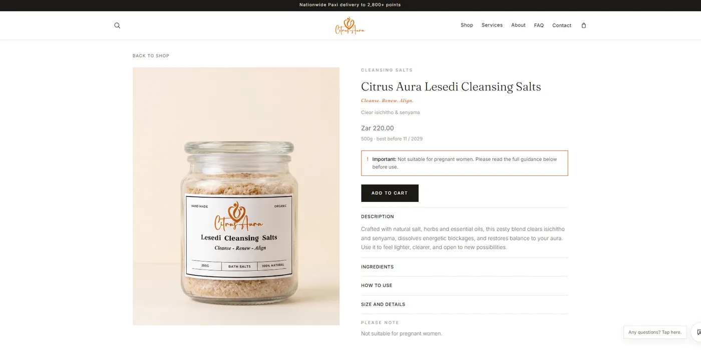 A Citrus Aura product page for Lesedi Cleansing Salts, with the price, ingredients and an add to cart button