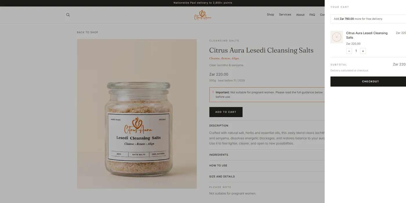 The Citrus Aura cart open over a product page, showing the item, the subtotal in Rands and the checkout button