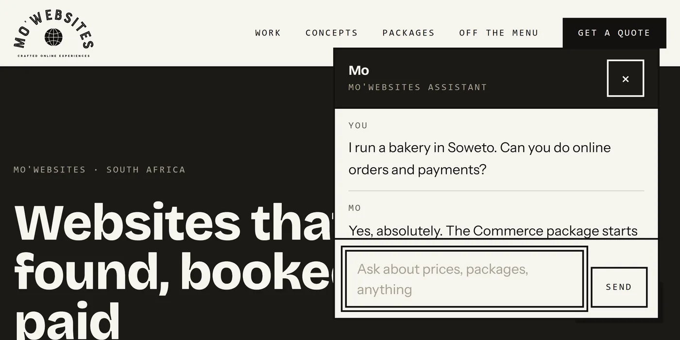 The Mo assistant open on the Mo'Websites home page, showing a visitor asking whether a bakery in Soweto can take online orders and payments, and Mo beginning its answer about the Commerce package