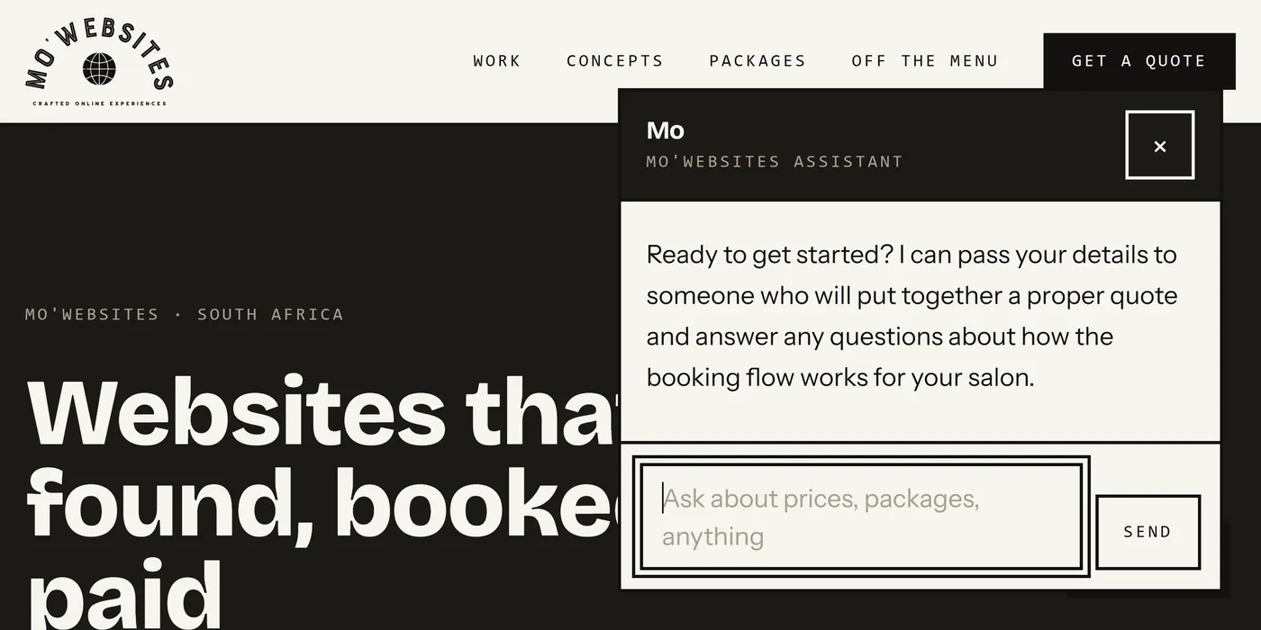 Mo offering to pass a hair salon owner's details to a person who will put together a proper quote and answer questions about how the booking flow would work