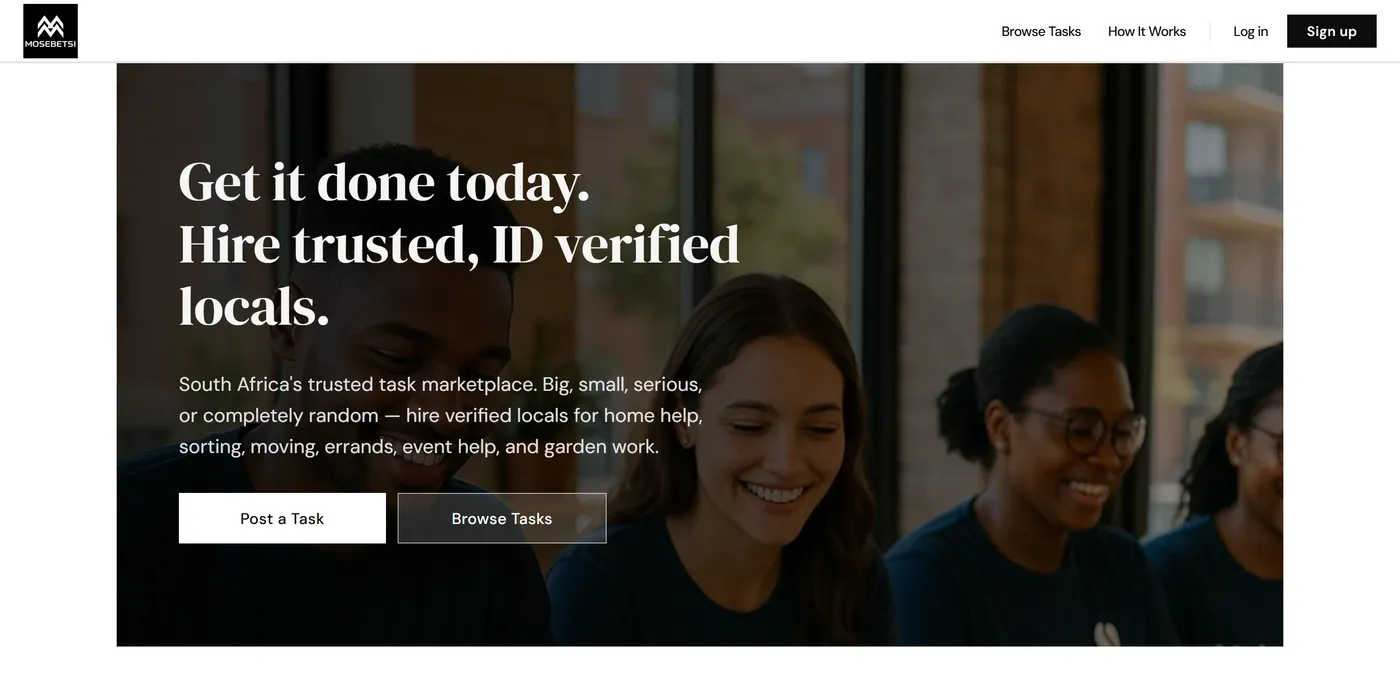 The Mosebetsi home page, with the headline get it done today, hire trusted, ID verified locals, and buttons to post a task or browse tasks