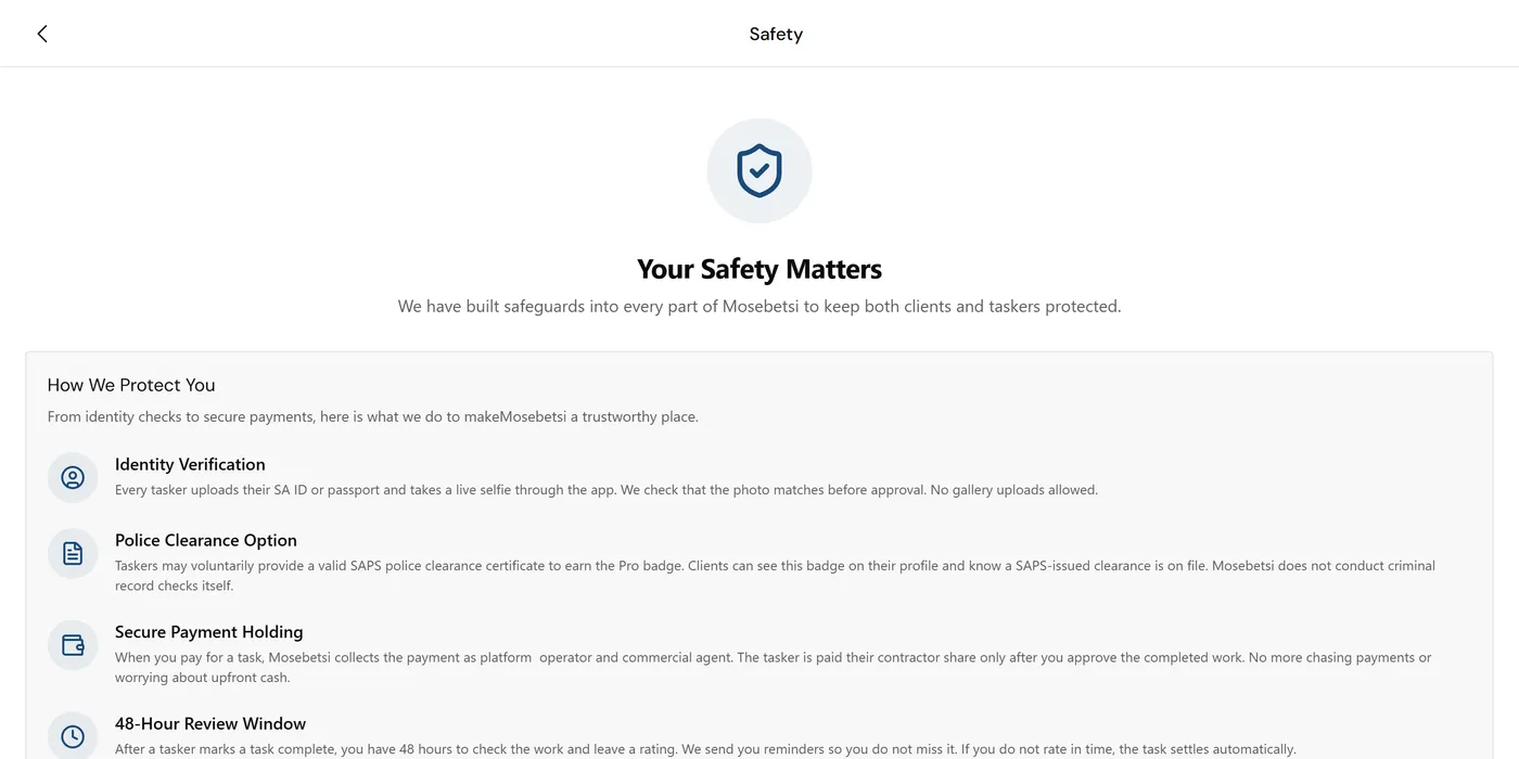 The Mosebetsi safety page, explaining identity verification with a live selfie, the police clearance option and payment held until the work is approved