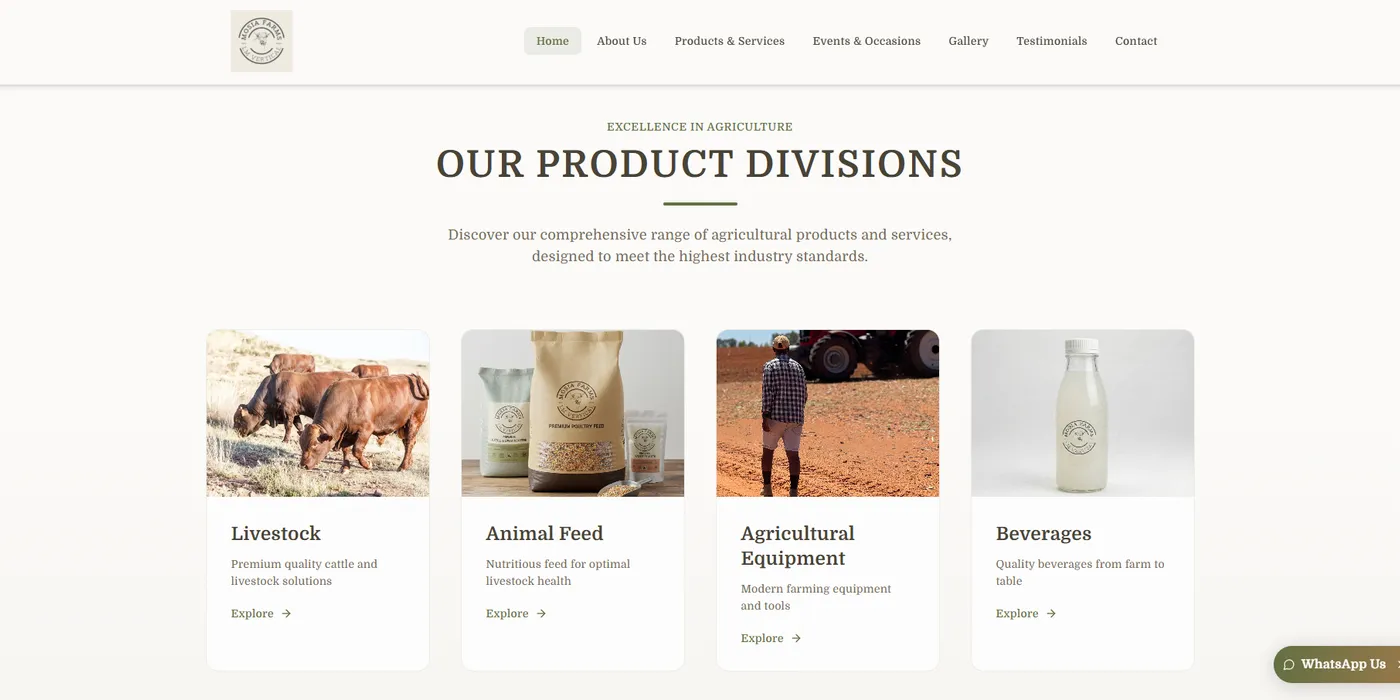 The Mosia Farms product divisions on the home page: livestock, animal feed, agricultural equipment and beverages, each with its own photograph
