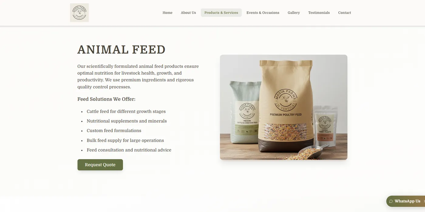 The Mosia Farms animal feed page, listing the feed solutions offered next to a photograph of the feed range, with a request a quote button